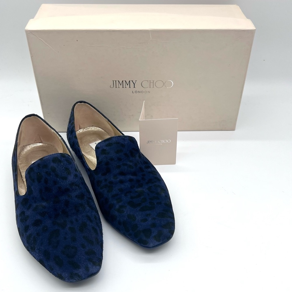 Jimmy Choo Leopard Print Suede Loafers Navy Blue Flats Size EU 36.5 / US 6.5 GUC